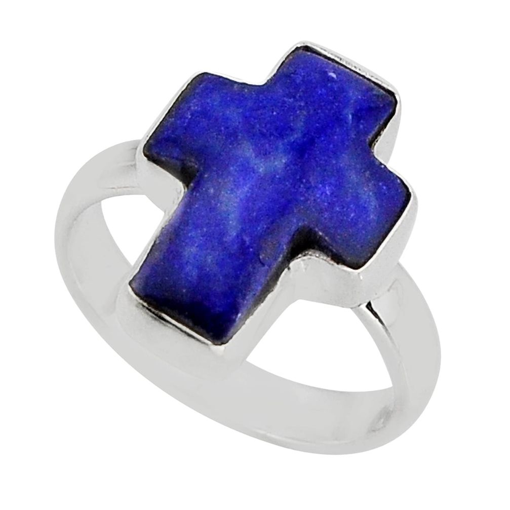 7.63cts solitaire natural lapis lazuli 925 silver holy cross ring size 7 y77645