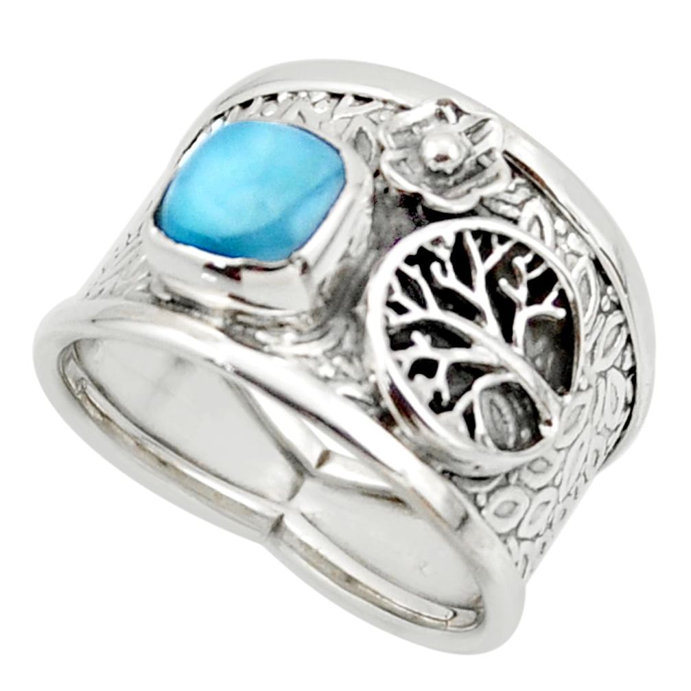 2.63cts solitaire natural larimar 925 silver tree of life ring size 7.5 r49873