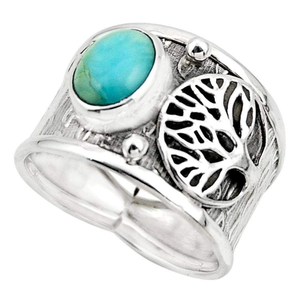 3.29cts solitaire natural larimar 925 silver tree of life ring size 8.5 r49913