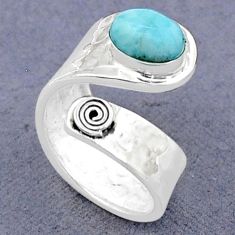 2.09cts solitaire natural larimar oval silver adjustable ring size 5.5 u89427