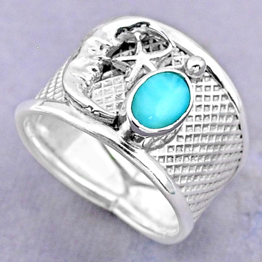 1.51cts solitaire natural larimar silver crescent moon star ring size 8.5 t32461