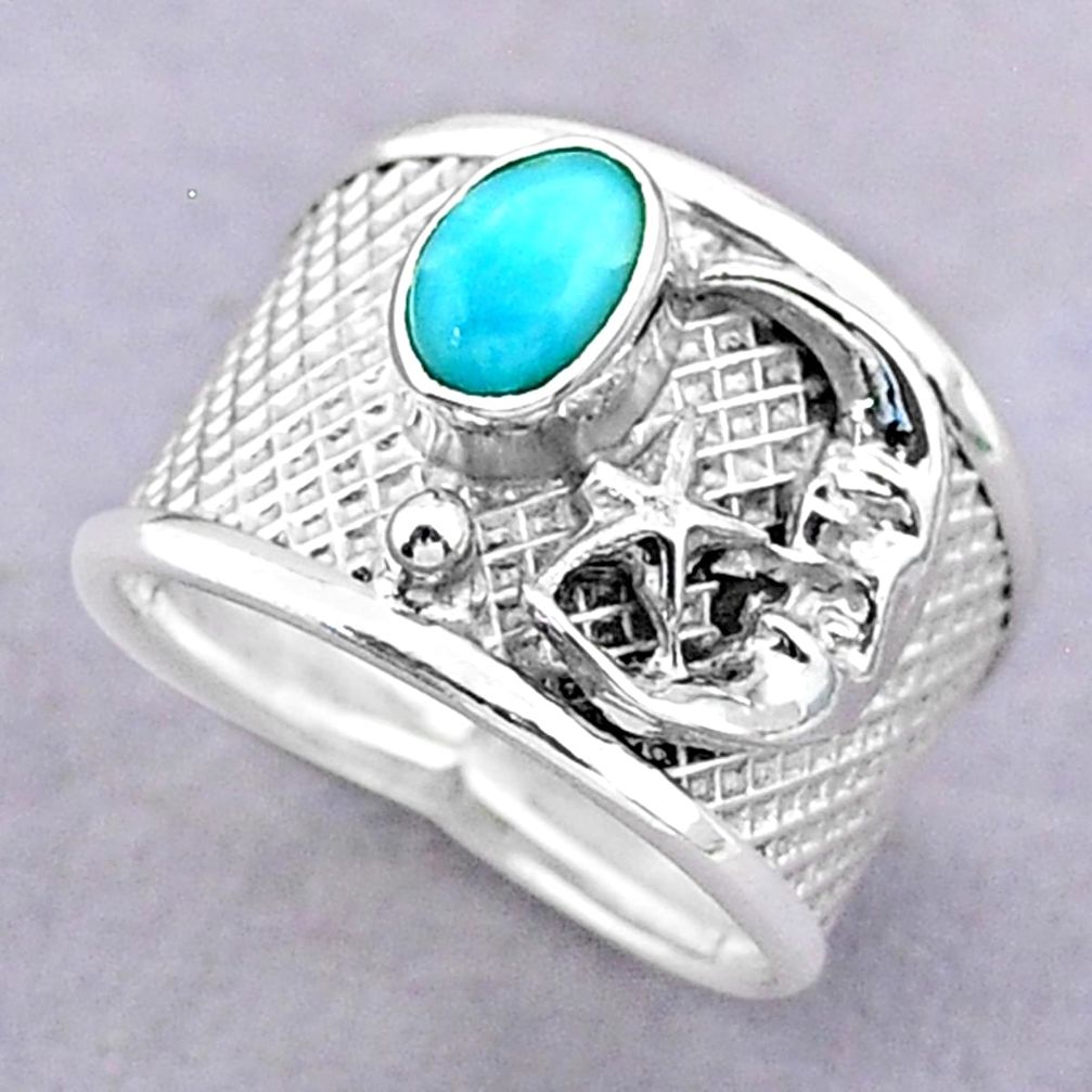 1.40cts solitaire natural larimar silver crescent moon star ring size 6.5 t32465