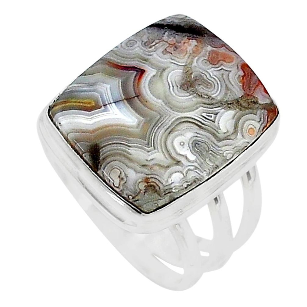 14.39cts solitaire natural mexican laguna lace agate silver ring size 8.5 t10405