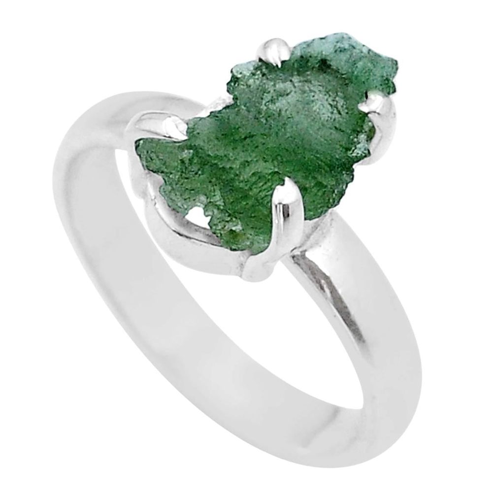 Clearance Sale- 4.63cts solitaire natural moldavite (genuine czech) silver ring size 8 u78047