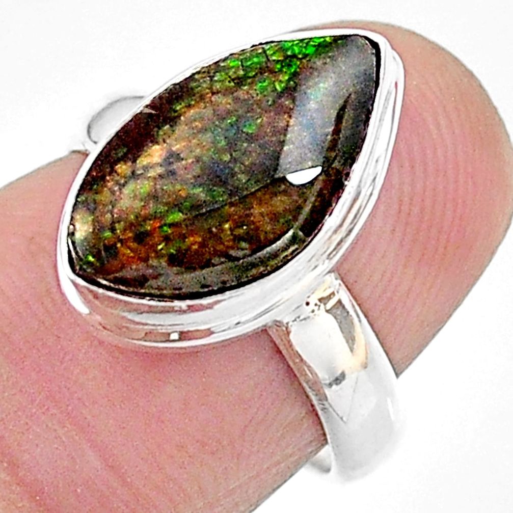 5.23cts solitaire natural multi color ammolite 925 silver ring size 6 t18819