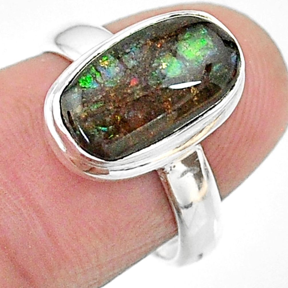 4.38cts solitaire natural multi color ammolite oval silver ring size 6 t18804