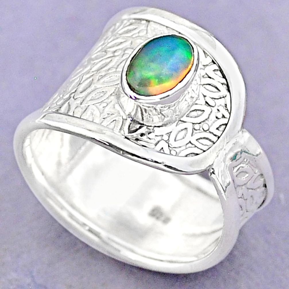 1.41cts solitaire natural multi color ethiopian opal silver ring size 8 t32355