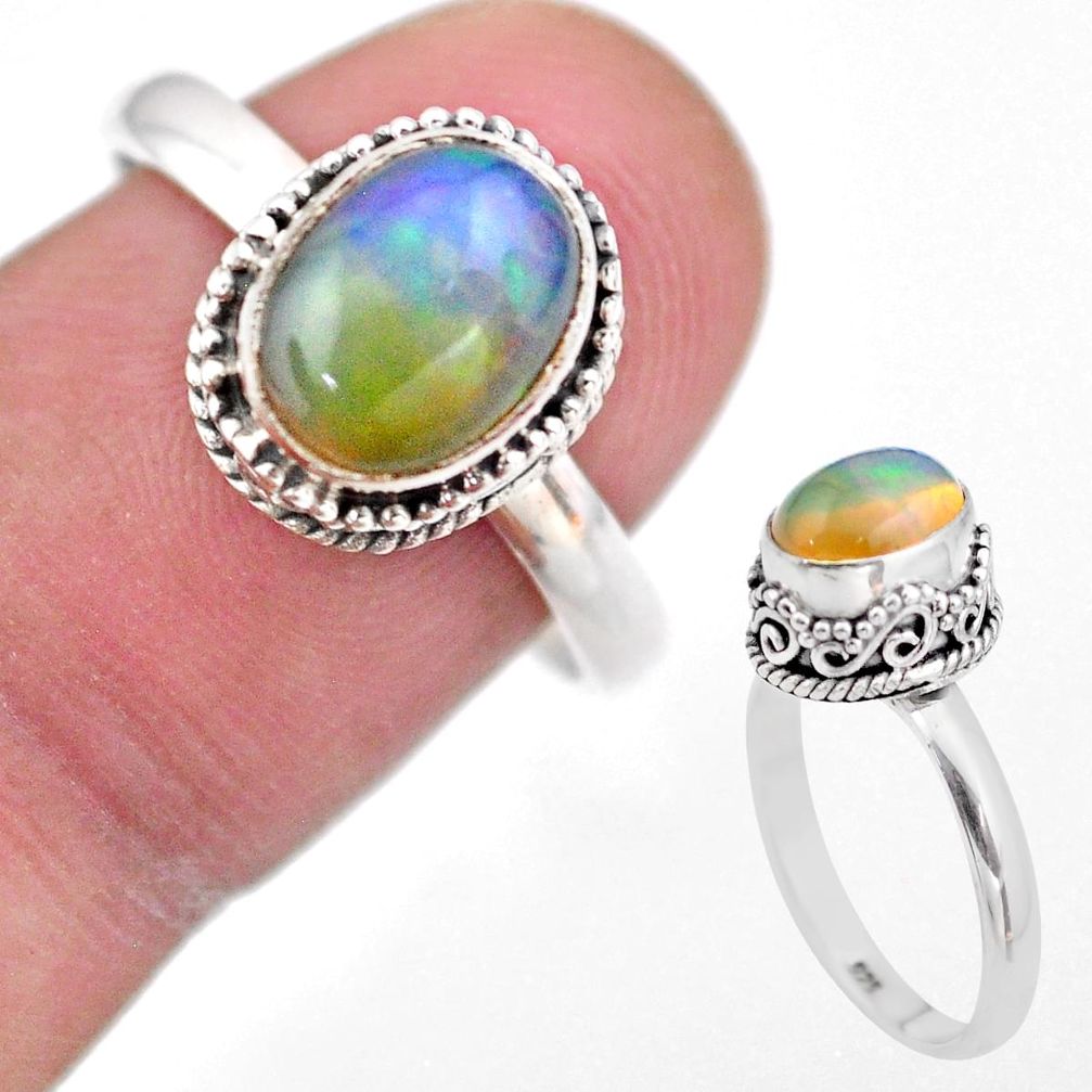 3.14cts solitaire natural multi color ethiopian opal silver ring size 9 t44512