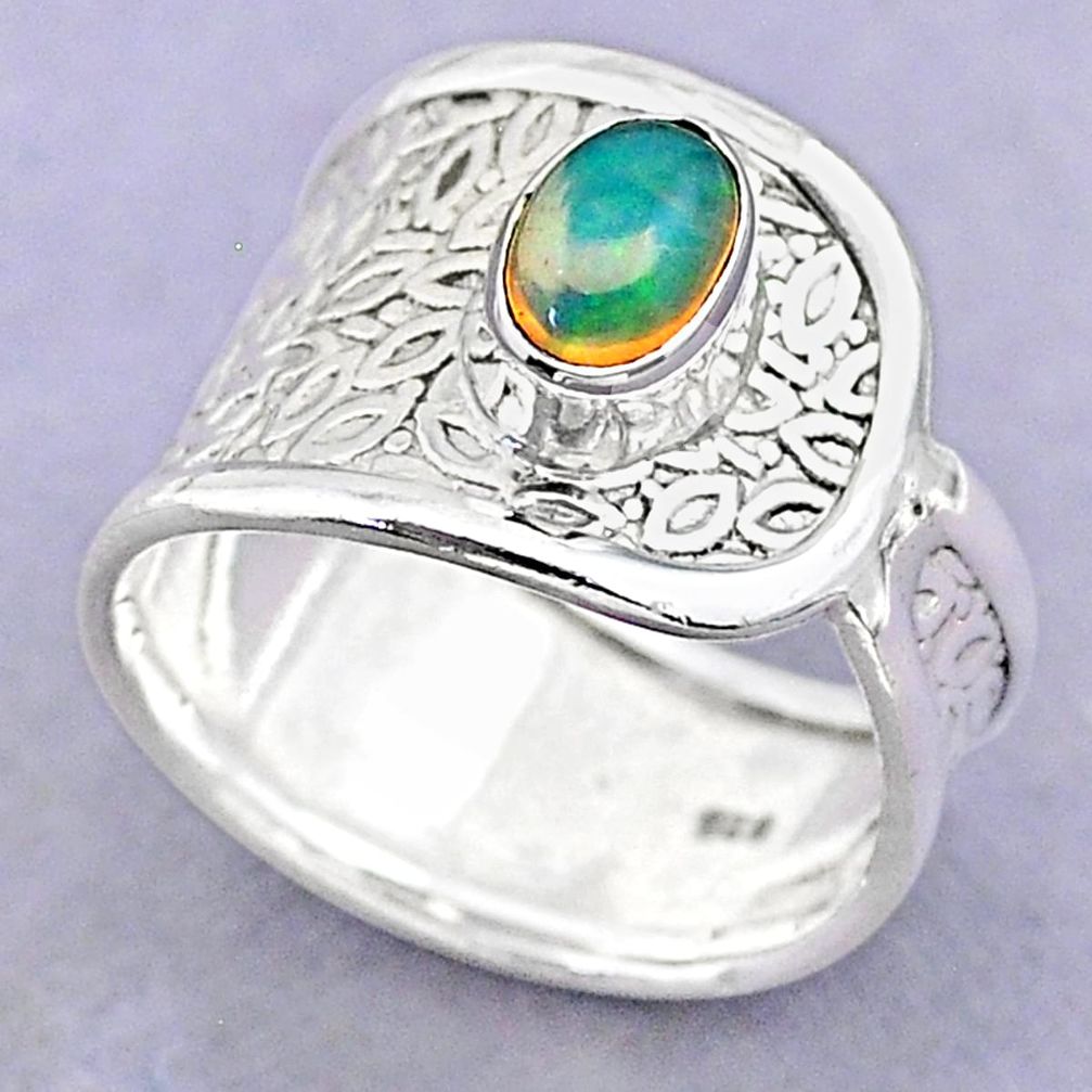 1.34cts solitaire natural multi color ethiopian opal silver ring size 7.5 t32349