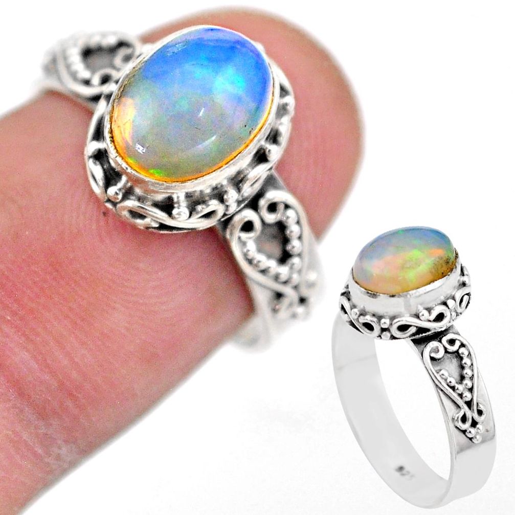 3.11cts solitaire natural multi color ethiopian opal silver ring size 6.5 t44508