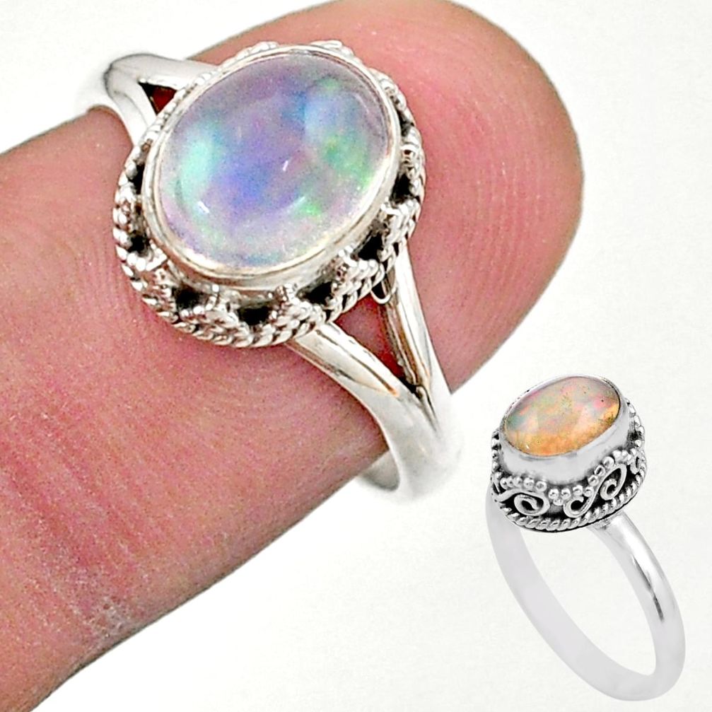 2.95cts solitaire natural multi color ethiopian opal silver ring size 7.5 t44539