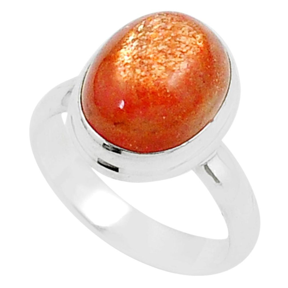 5.83cts solitaire natural orange sunstone oval 925 silver cocktail ring size 7 u21888