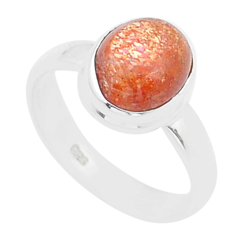 4.12cts solitaire natural orange sunstone oval 925 silver ring size 7 u60482