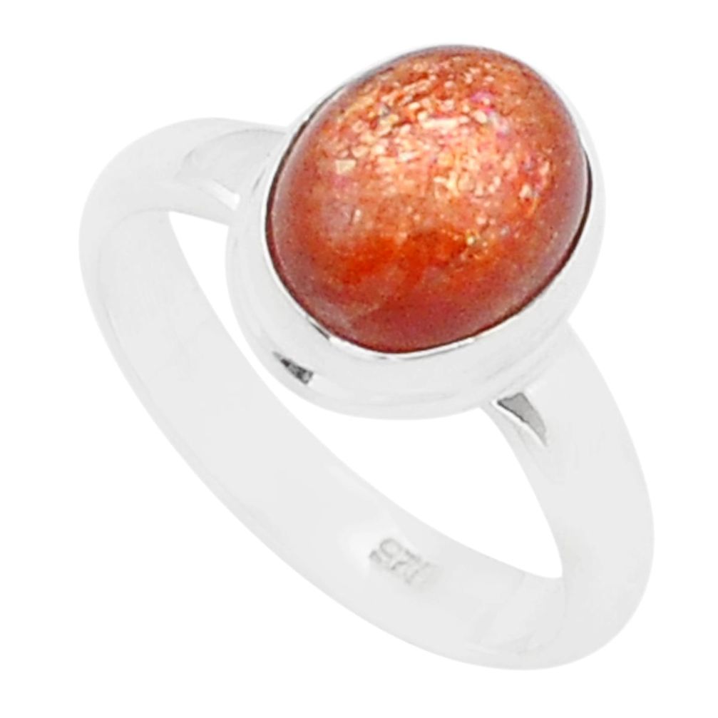 3.99cts solitaire natural orange sunstone oval 925 silver ring size 7 u60503