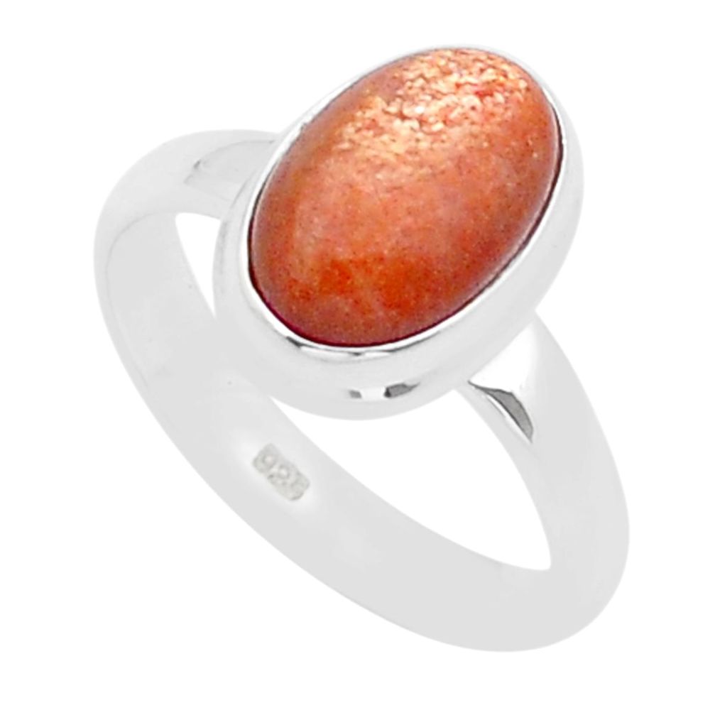 4.47cts solitaire natural orange sunstone oval 925 silver ring size 8 u60509