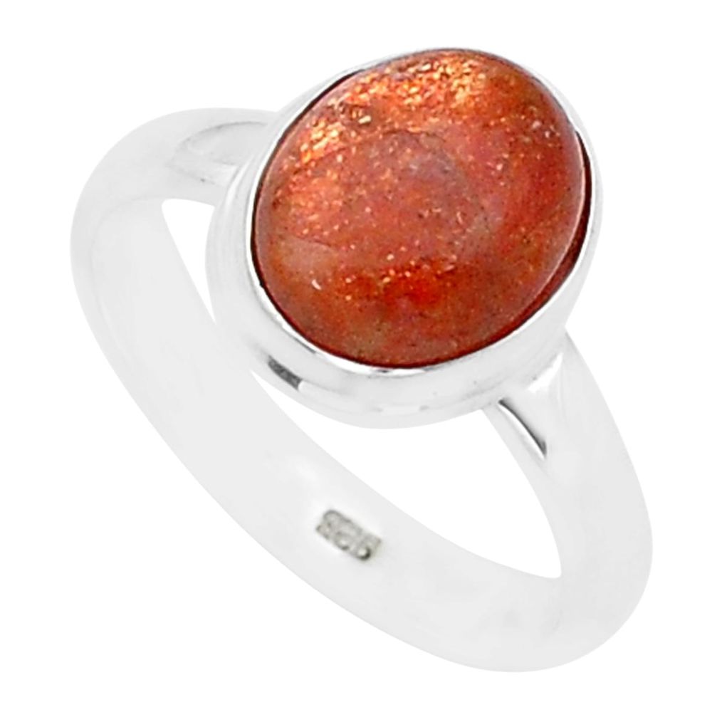 4.82cts solitaire natural orange sunstone oval 925 silver ring size 8 u60526