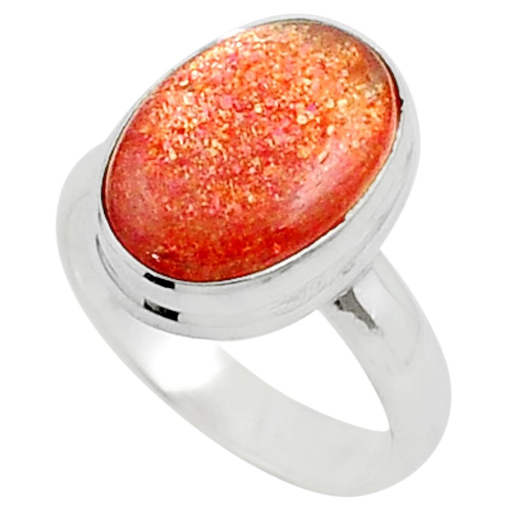 5.24cts solitaire natural orange sunstone oval shape silver cocktail ring size 6 u21900