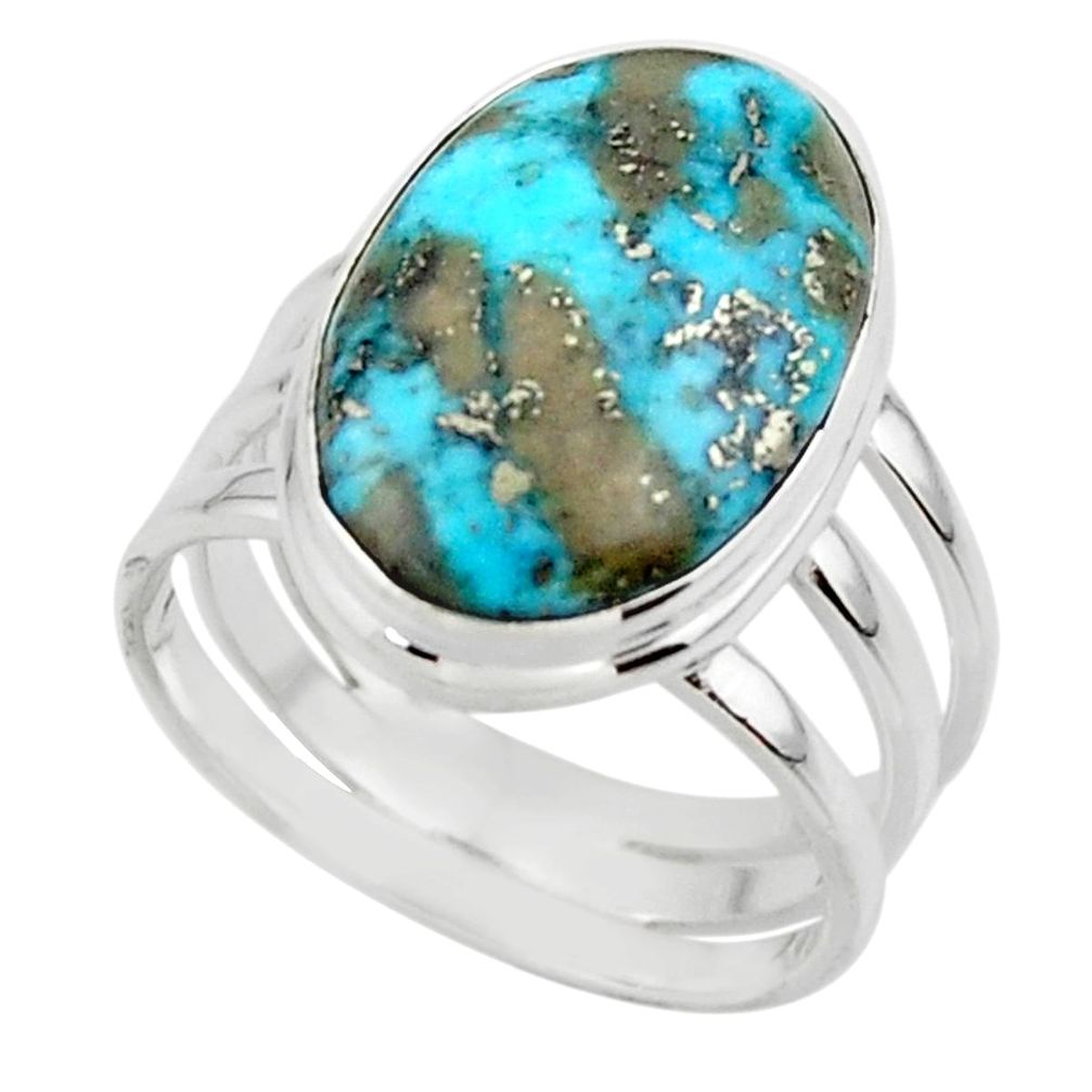 10.02cts solitaire natural persian turquoise pyrite silver ring size 8.5 r49181