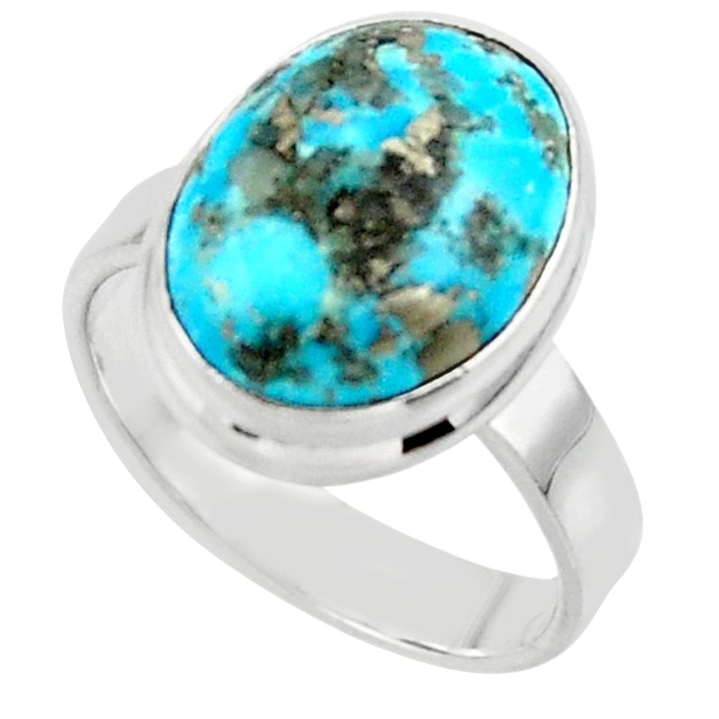 7.35cts solitaire natural persian turquoise pyrite silver ring size 7.5 r49256