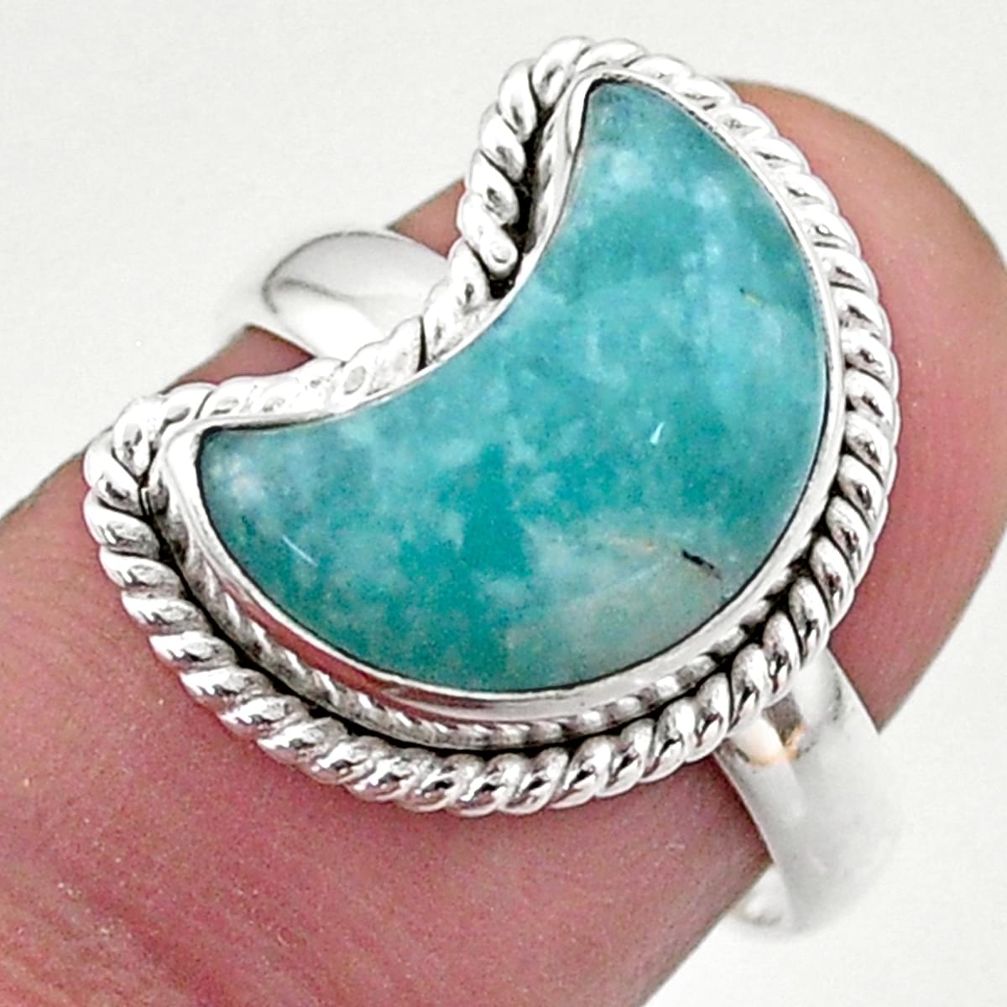 6.10cts solitaire natural peruvian amazonite 925 silver moon ring size 7 t47642