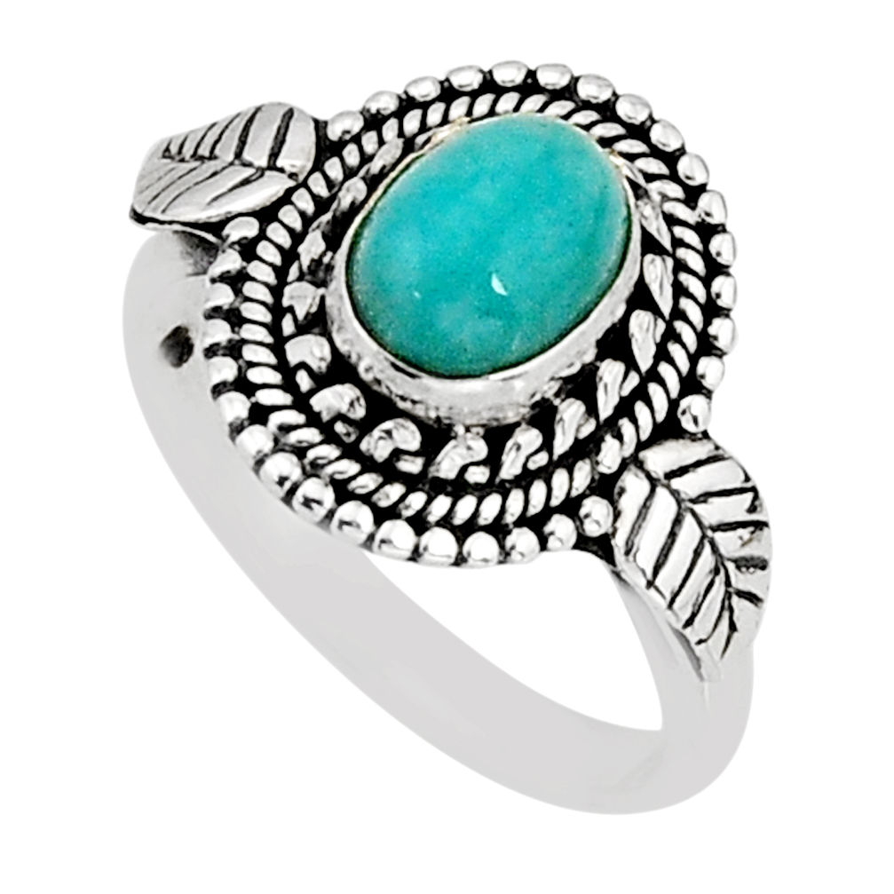2.12cts solitaire natural peruvian amazonite oval silver ring size 7.5 y76916