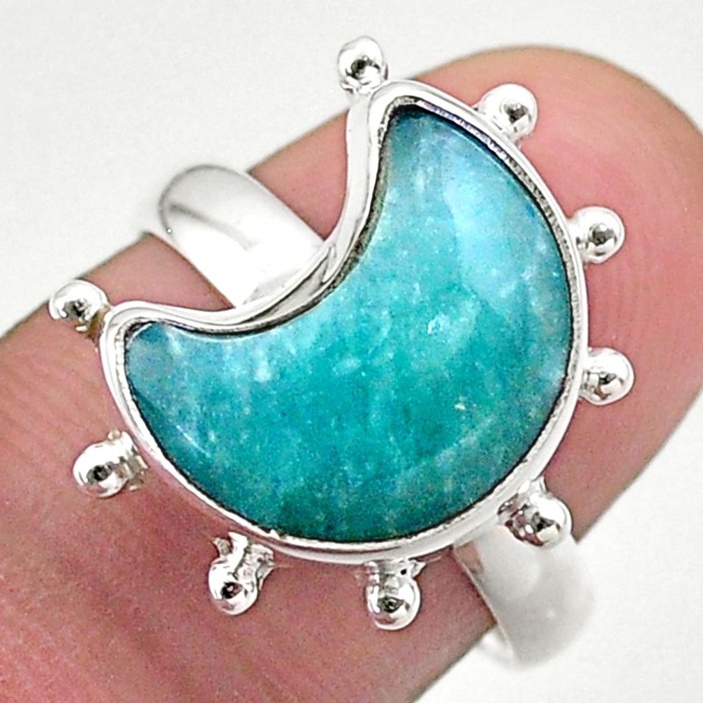 5.38cts solitaire natural peruvian amazonite silver moon ring size 7.5 t47810