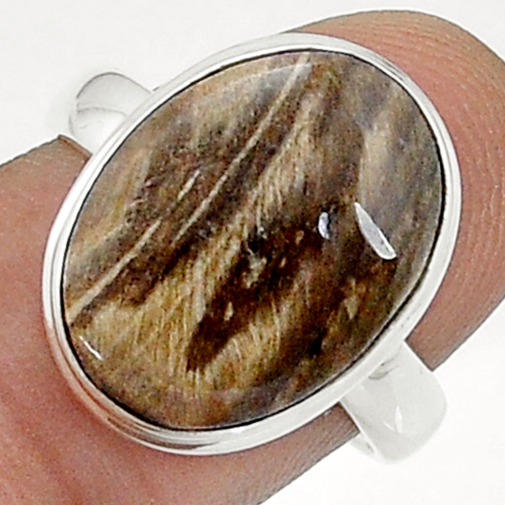 10.55cts solitaire natural petrified palm wood oval silver ring size 8 u78403