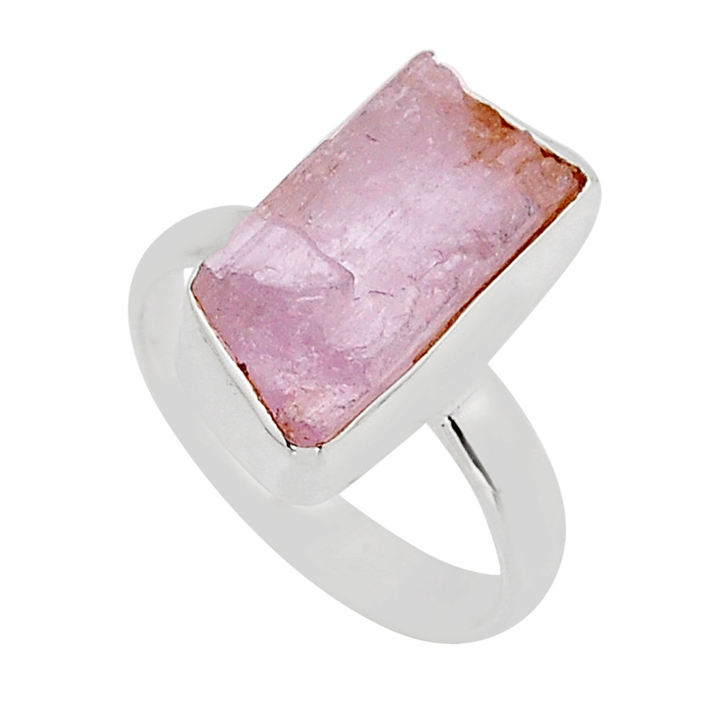 6.38cts solitaire natural pink kunzite rough 925 silver ring size 5.5 y94856