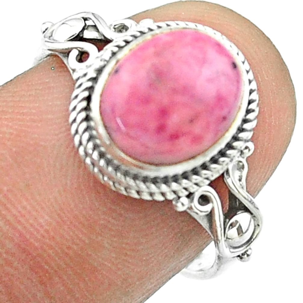 Solitaire natural pink rhodonite in black manganese silver ring size 7 t57480