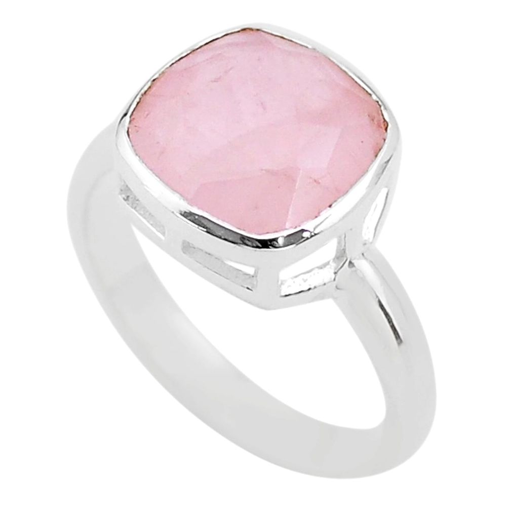 5.79cts solitaire natural pink rose quartz cushion 925 silver ring size 7 t22290