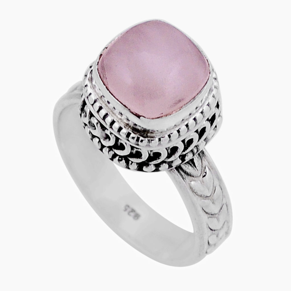 5.63cts solitaire natural pink rose quartz cushion silver ring size 7.5 n43350