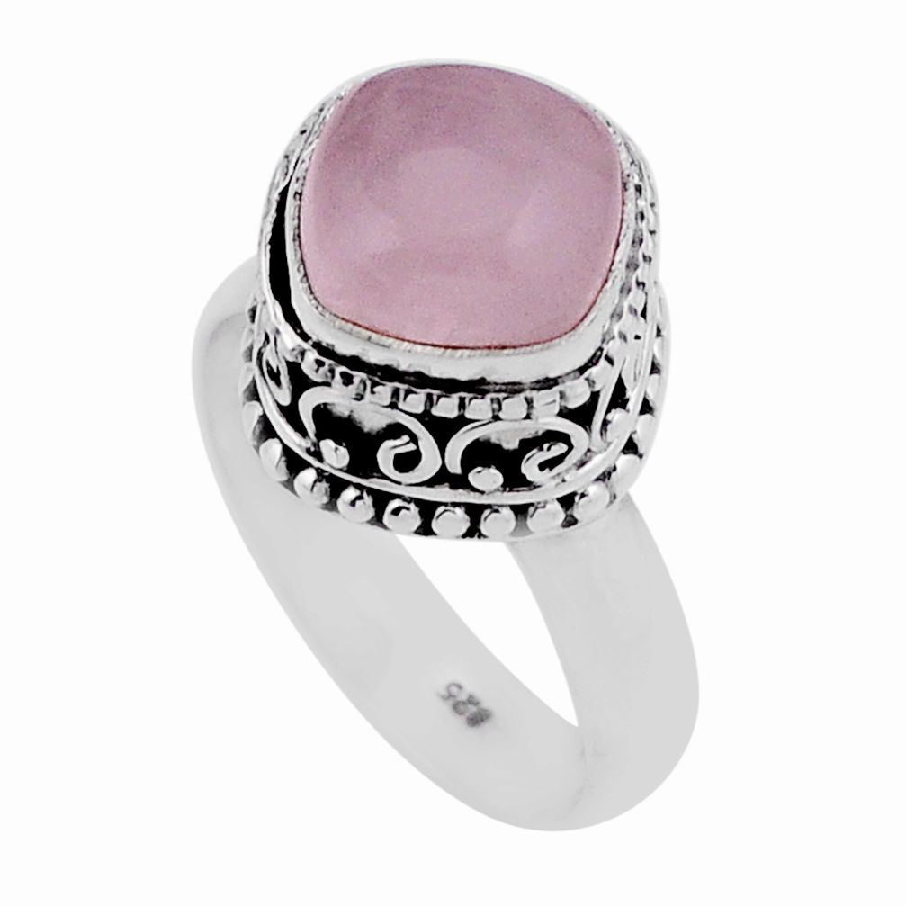 5.63cts solitaire natural pink rose quartz cushion silver ring size 7.5 n43354