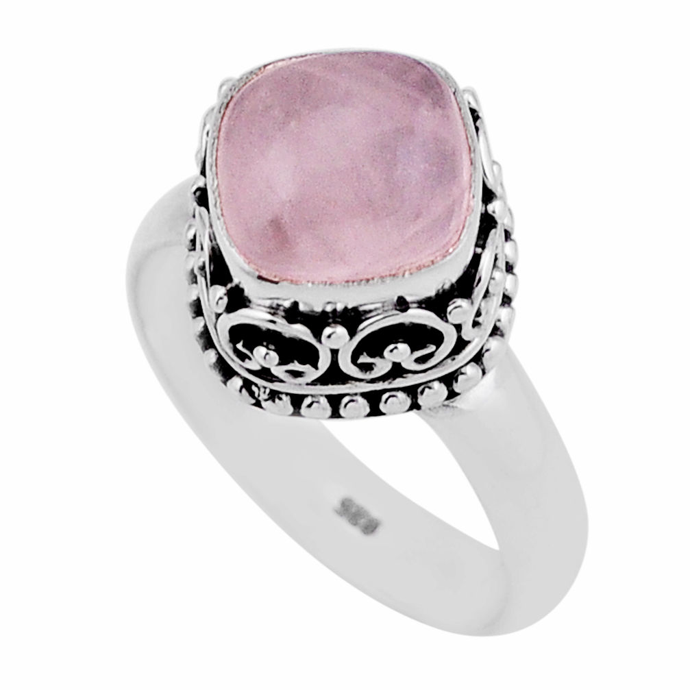 5.63cts solitaire natural pink rose quartz cushion silver ring size 8.5 n43359