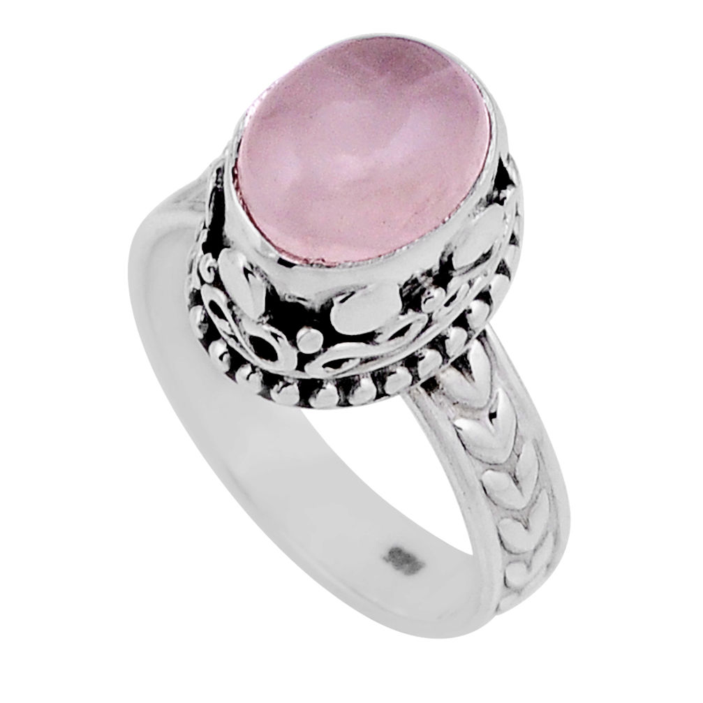 3.89cts solitaire natural pink rose quartz oval 925 silver ring size 8 n43356