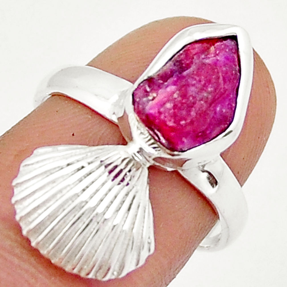 4.42cts solitaire natural pink ruby rough 925 silver shell ring size 7 y4201