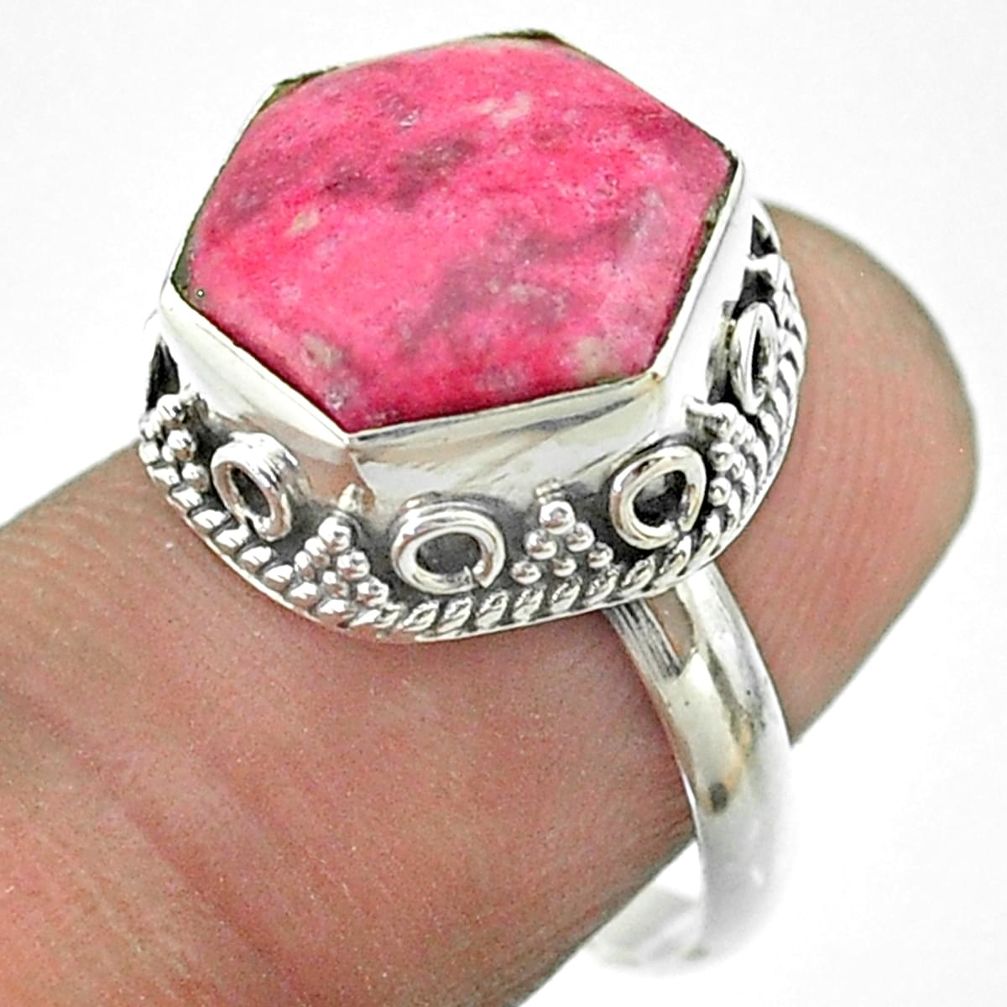 Thulite Ring - 6.31cts solitaire natural pink thulite 925 silver hexagon ring size 7 t55898