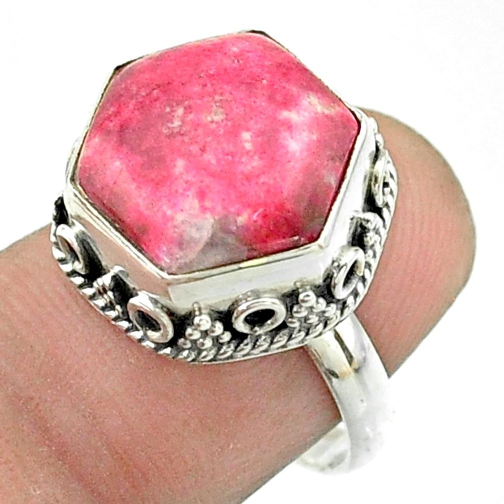 Thulite Ring - 6.82cts solitaire natural pink thulite 925 silver hexagon ring size 7 t55917