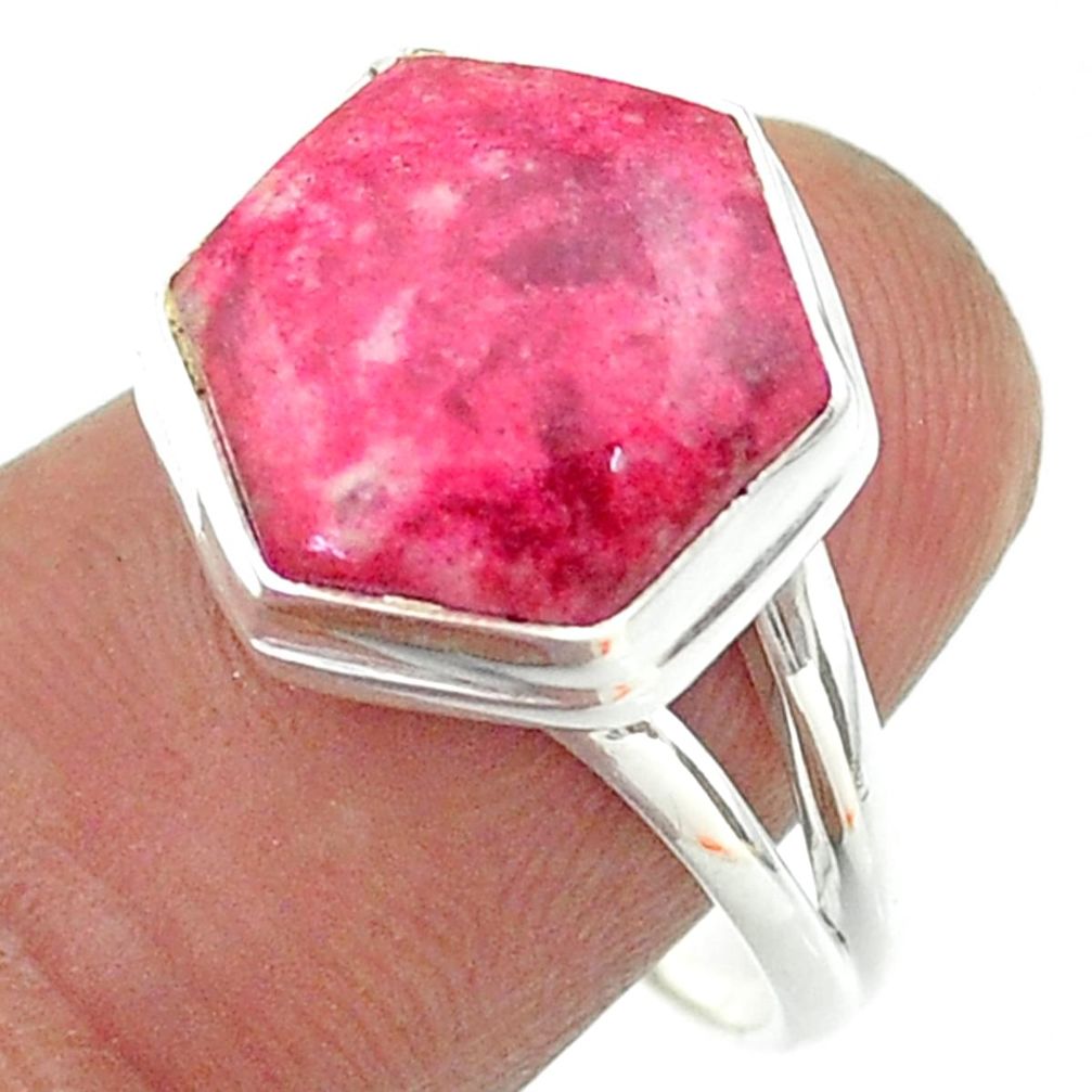 Thulite Ring - 6.33cts solitaire natural pink thulite 925 silver hexagon ring size 8 t55239