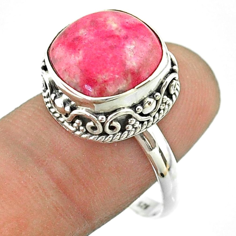 Thulite Ring - 6.46cts solitaire natural pink thulite cushion 925 silver ring size 8.5 t55865