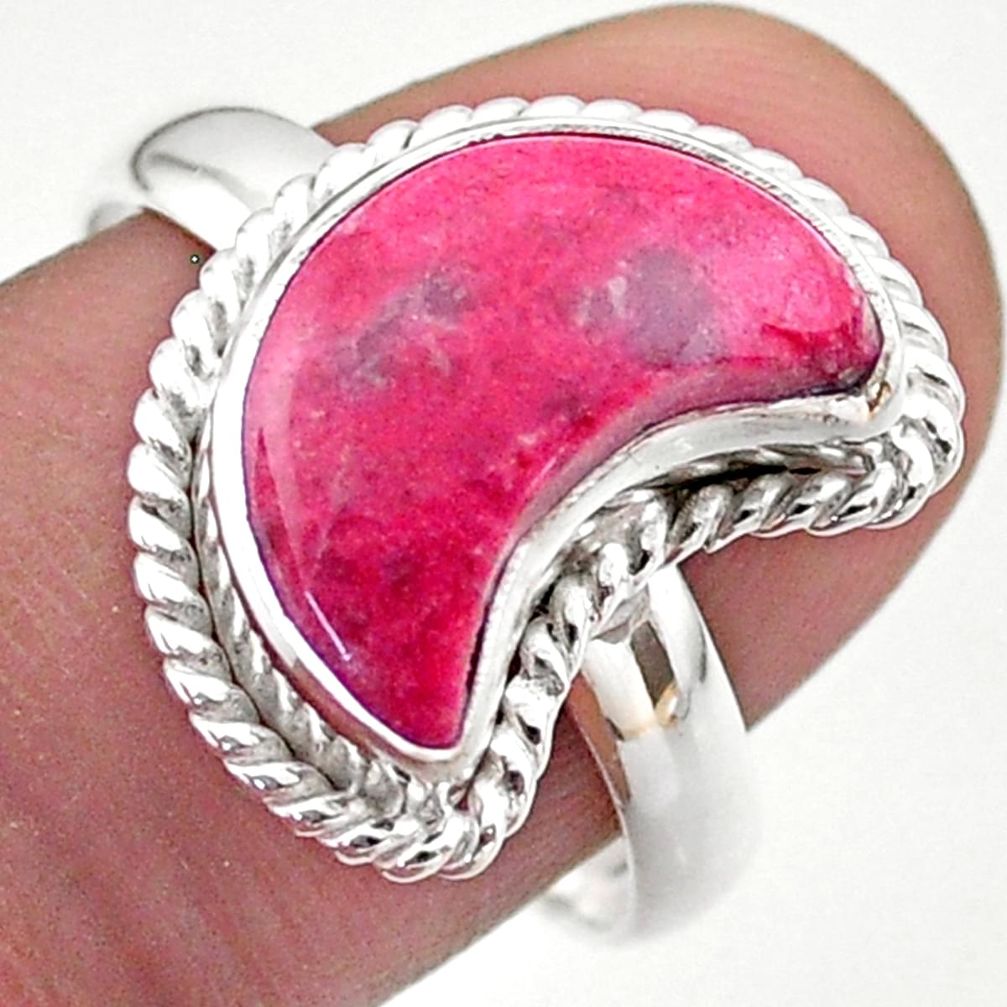 Thulite Ring - 5.82cts solitaire natural pink thulite fancy 925 silver moon ring size 9 t47646