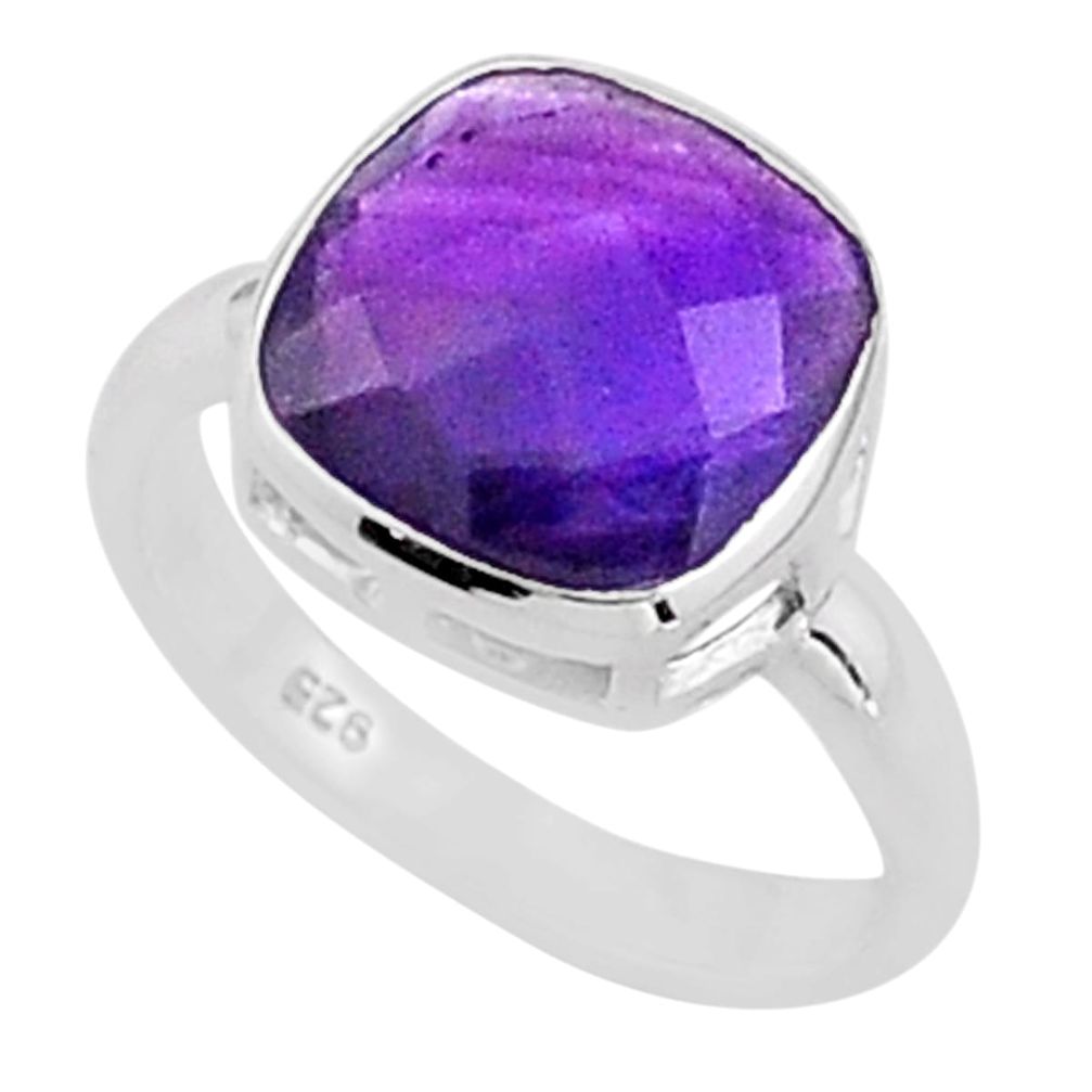 5.22cts solitaire natural purple amethyst cushion 925 silver ring size 6 t85026