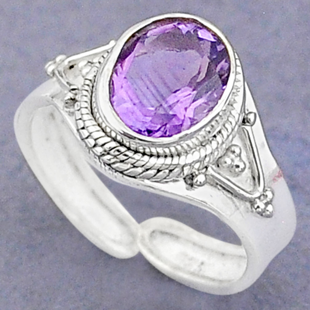 3.83cts solitaire natural purple amethyst silver adjustable ring size 8 t8801