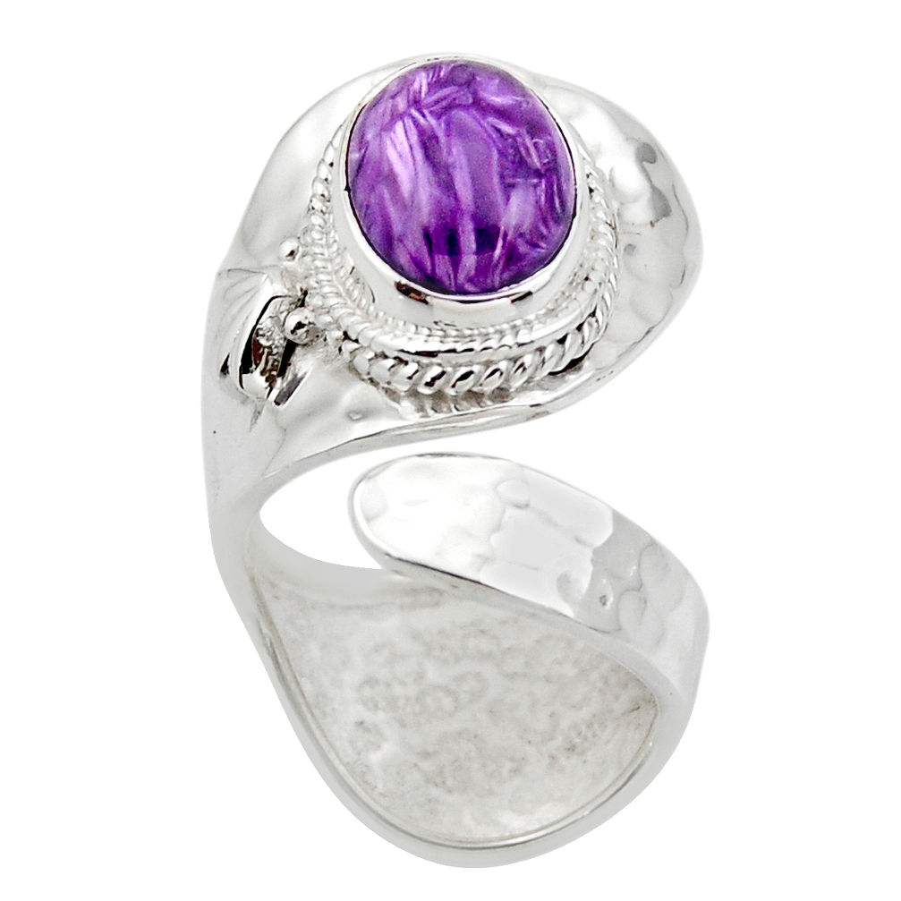 5.12cts solitaire natural purple charoite (siberian) silver ring size 6.5 r49706