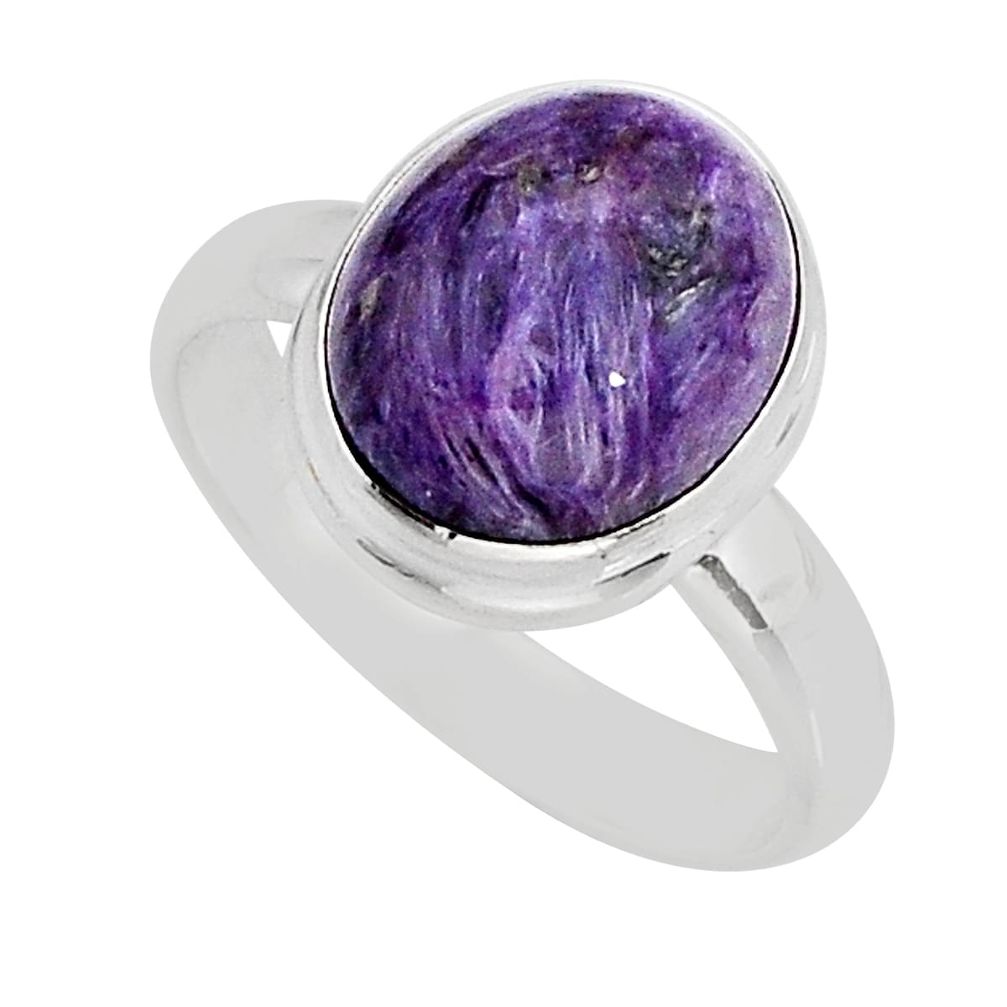 5.14cts solitaire natural purple charoite oval 925 silver ring size 7.5 y77641