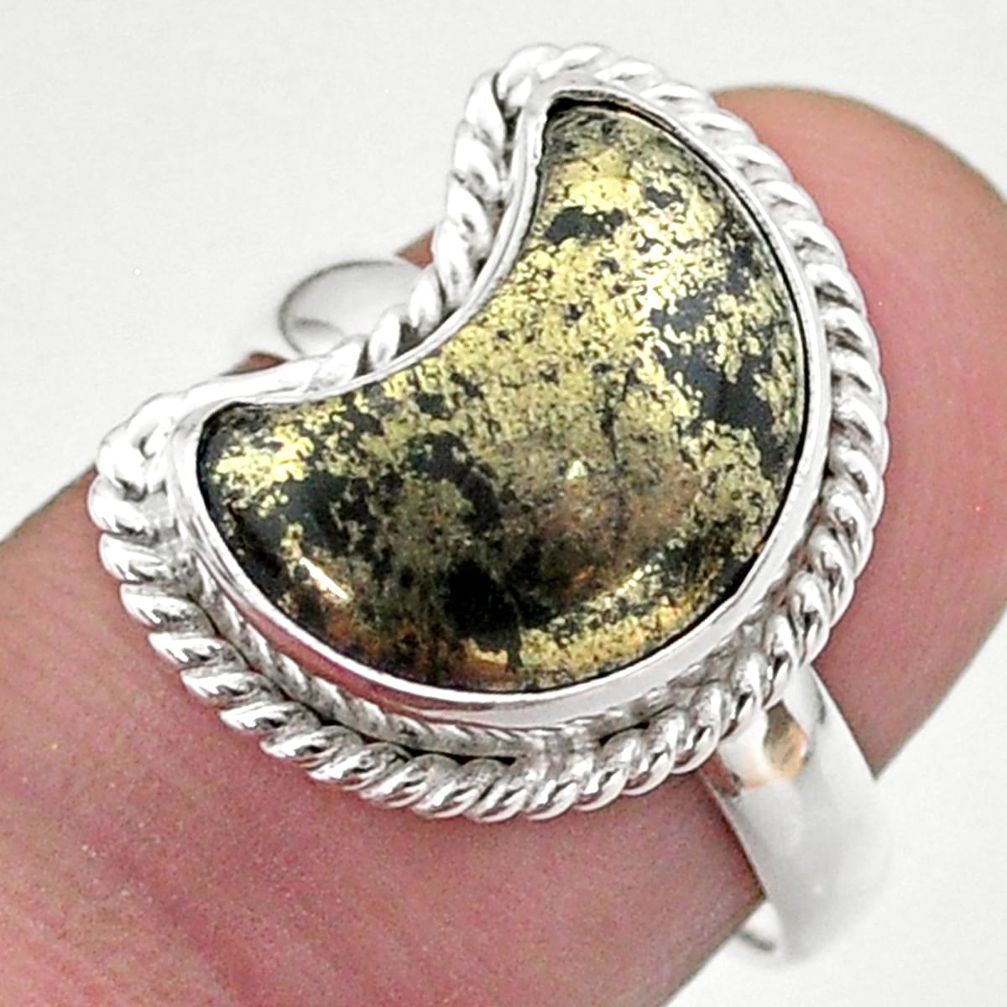 6.10cts solitaire natural pyrite in magnetite 925 silver moon ring size 7 t47657