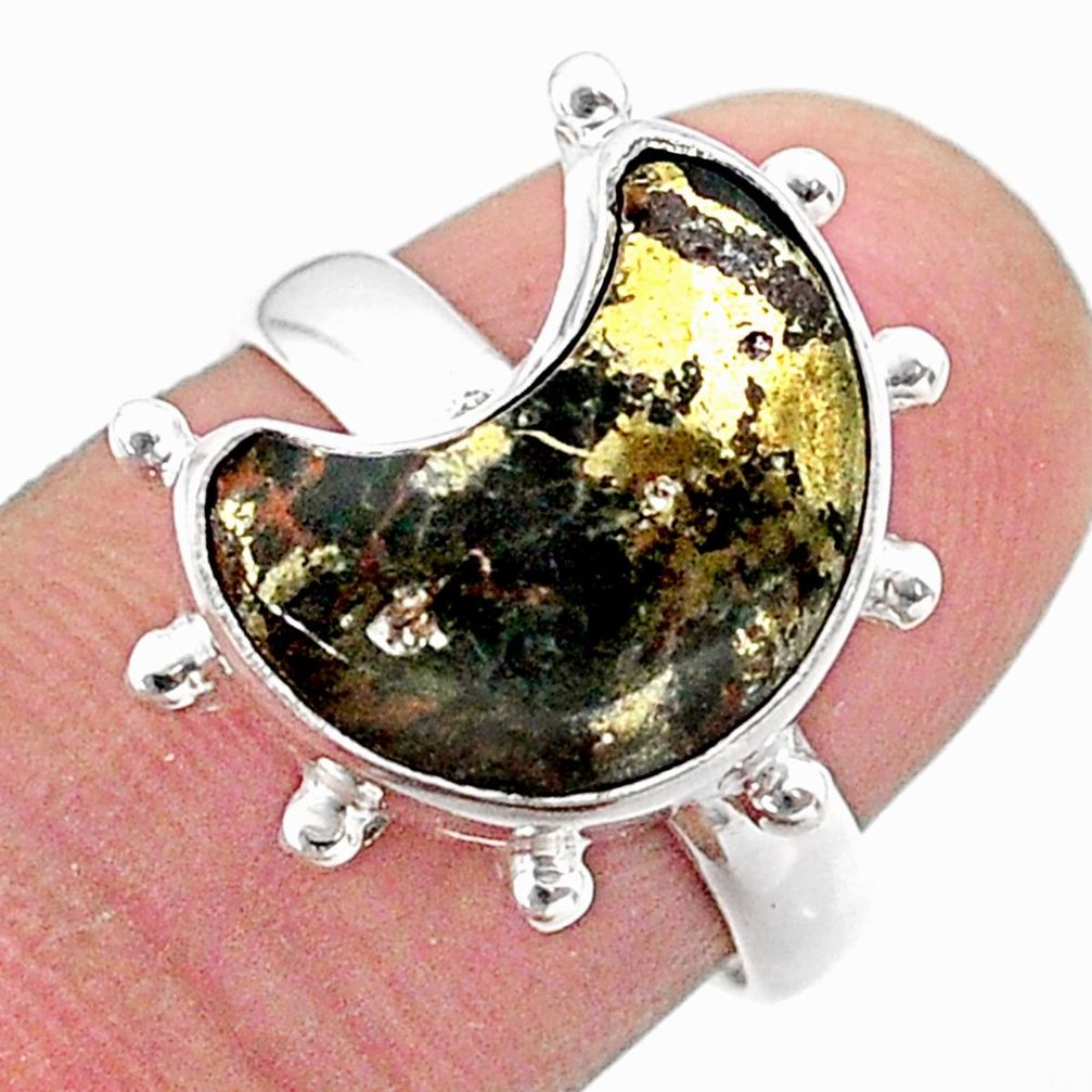 5.77cts solitaire natural pyrite in magnetite 925 silver moon ring size 7 t47838