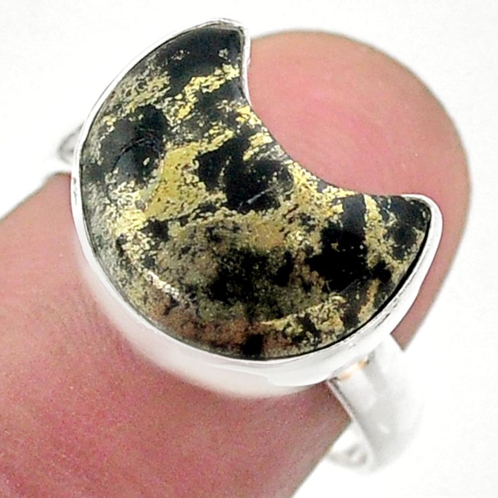 5.82cts solitaire natural pyrite in magnetite 925 silver moon ring size 8 t47794