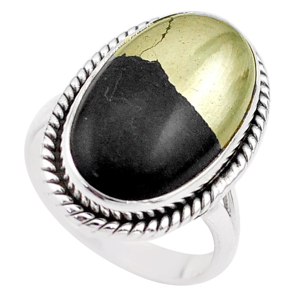 13.79cts solitaire natural pyrite in magnetite 925 silver ring size 8 t75232