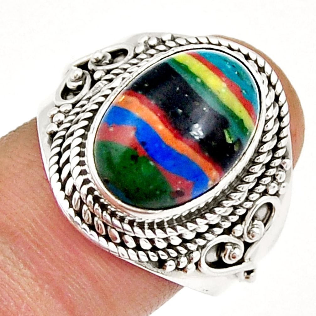 6.72cts solitaire natural rainbow calsilica oval 925 silver ring size 9 y4081