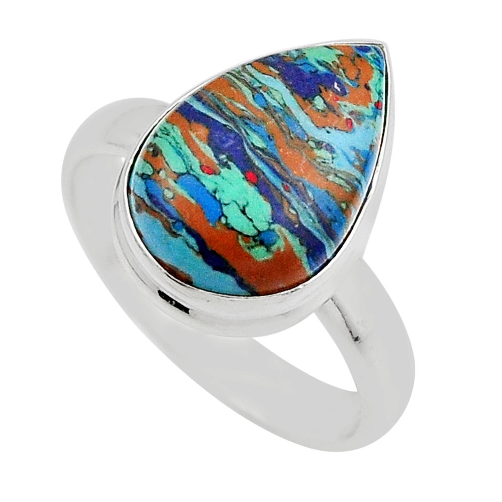 6.72cts solitaire natural rainbow calsilica pear 925 silver ring size 8 y87294